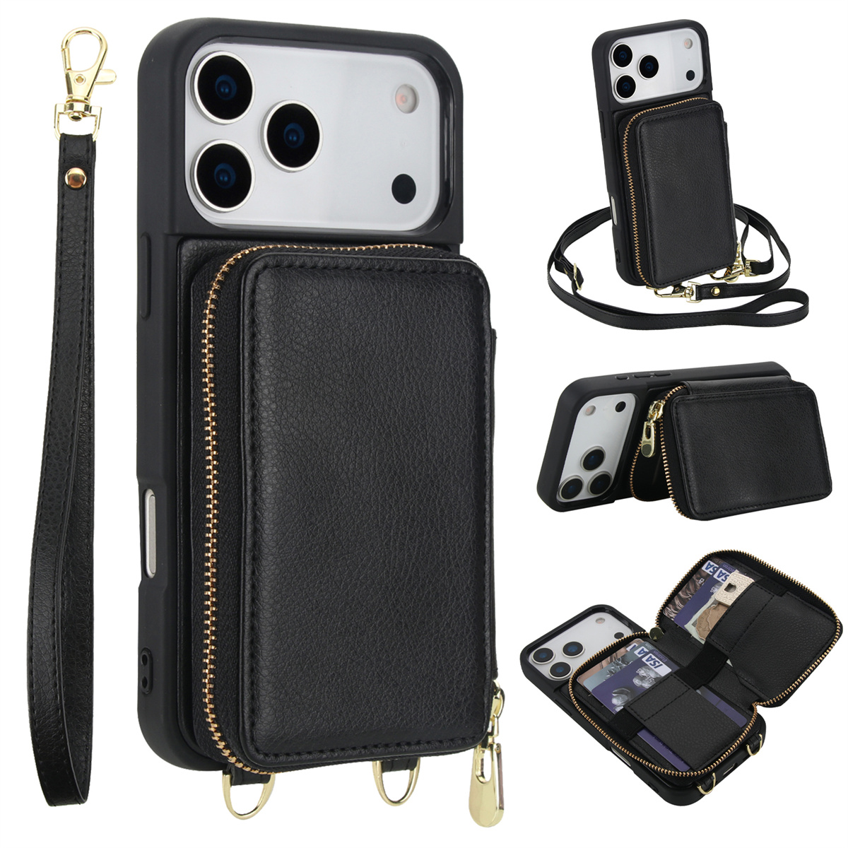 Leatherwork Wallet - Crossbody Zipper Purse Card Holder Leather