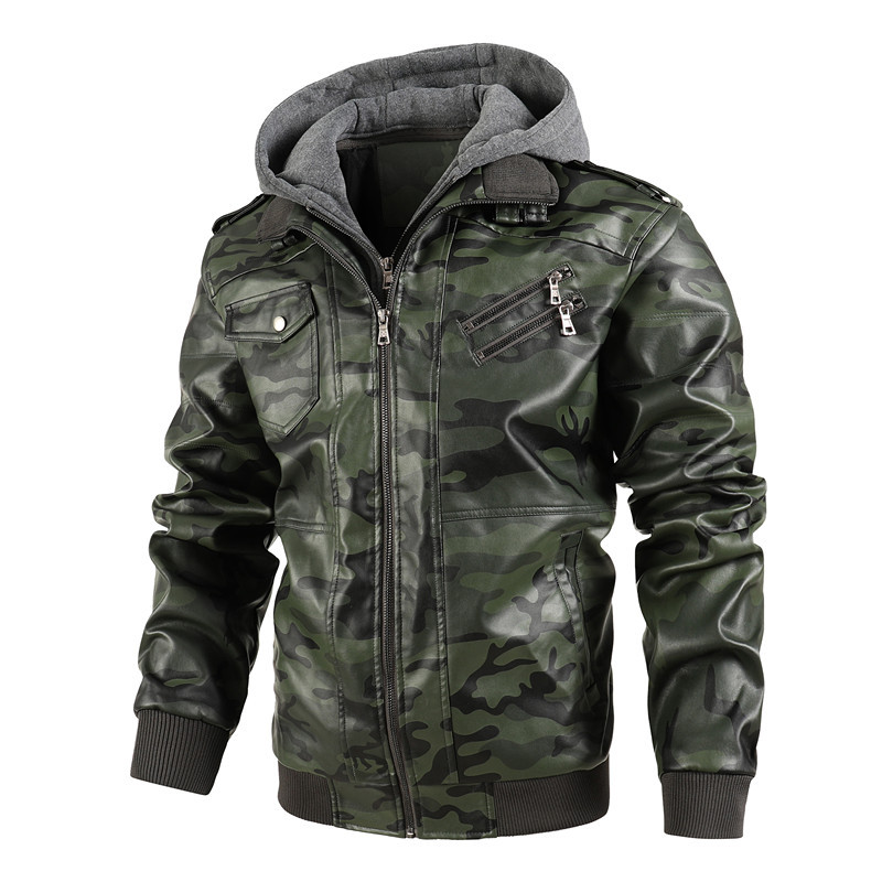 Men Hooded Leather Jackets Cam - Leather Work Hat 评论和价格